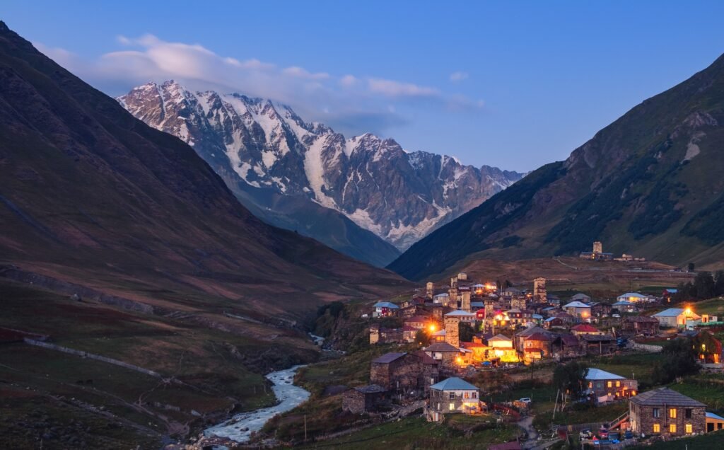 Mountain landscape at dusk, village Ushguli in Svaneti, Georgia