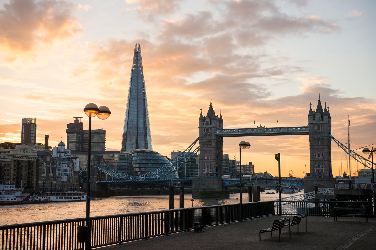 Tower Bridge, The Shard and City Hall, Wapping, London, UK